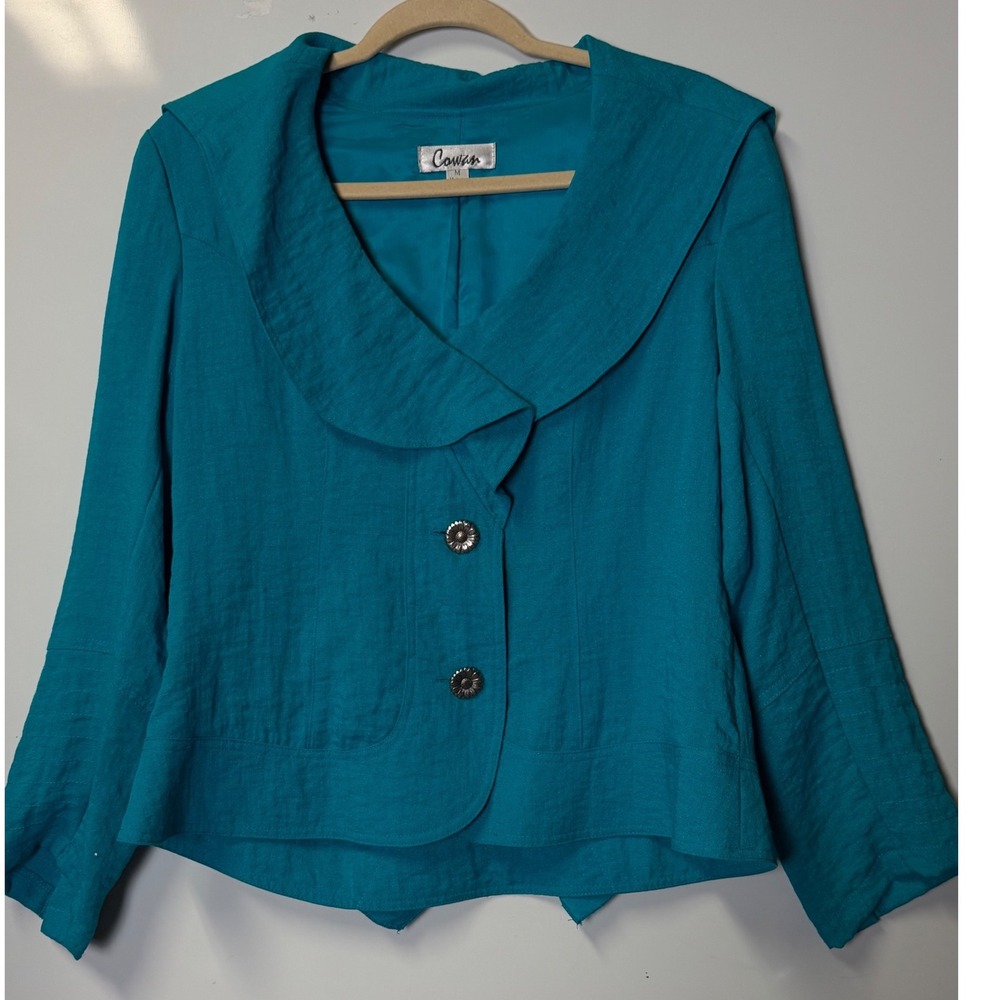 Cowan Teal Blue Shawl Collar Blazer Cropped Jacket Floral Buttons Size M